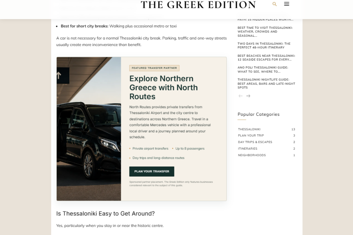 Example native advertising placement for North Routes
