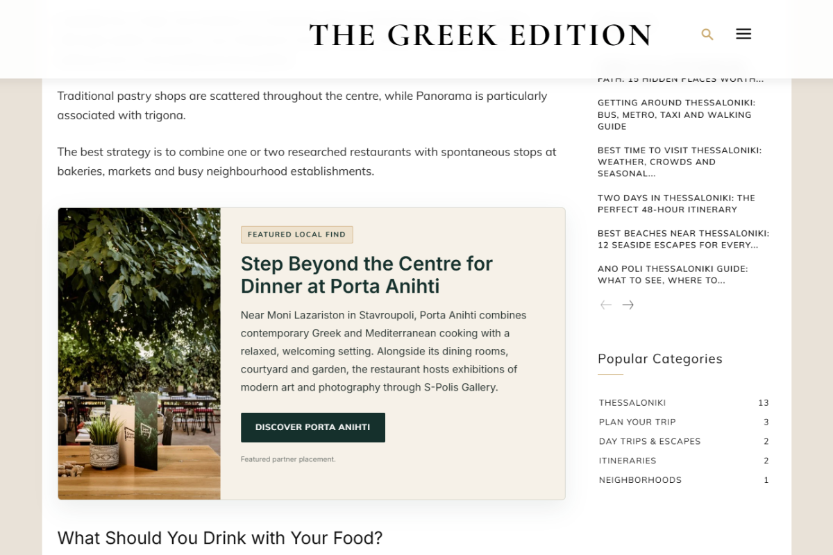 Example native advertising placement for Porta Anihti